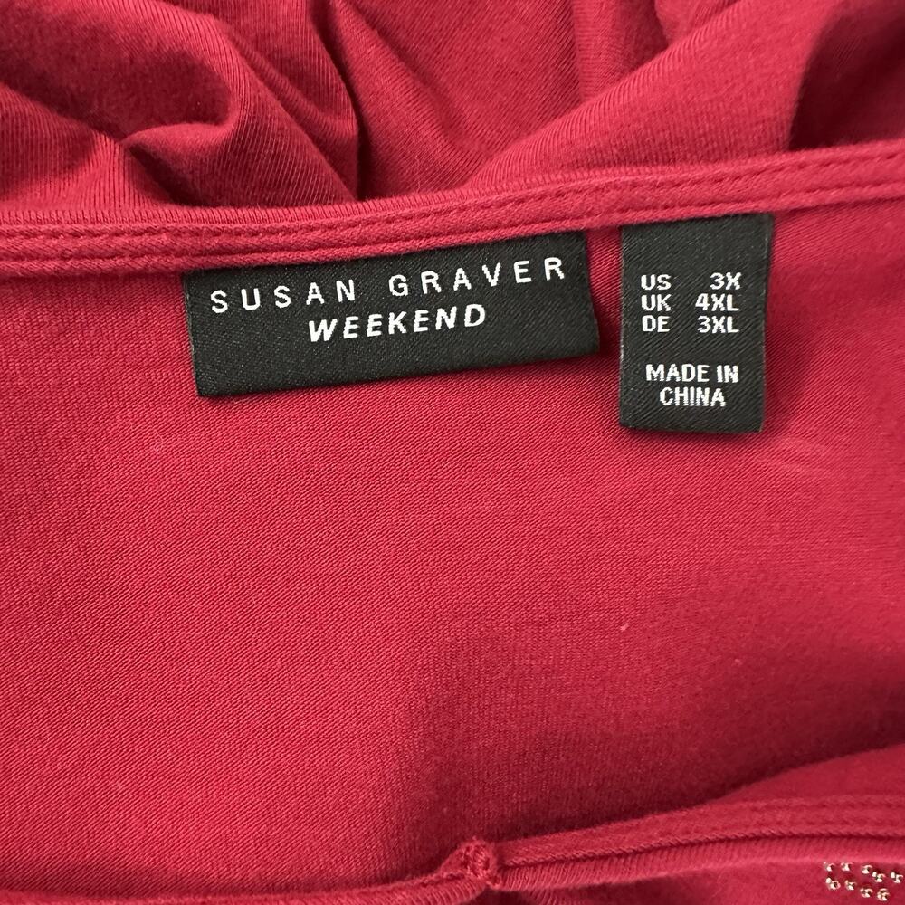 Susan Graver Shirt Top Womens 3X 3XL Red Embellished Vneck Basic Weekend Long - Picture 4 of 10